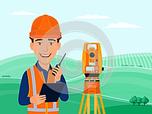 Surveyor, cadastral engineer, cartographer, cartoon smile character, theodolite, total station, surveying equipment.