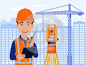 Surveyor, cartographer, cartoon smile character with total station and measurements equipment. City view, construction crane.. photo