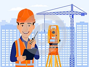 Surveyor, cartographer, cartoon smile character with total station and measurements equipment. City view, construction crane..