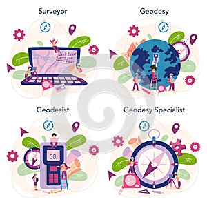 Surveyor concept set. Geodesy science , land surveying technology