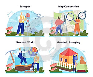 Surveyor concept set. Land surveying technology, geodesy science.