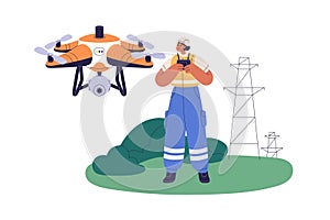 Surveyor engineer monitoring land, controlling with aerial surveying drone. Topography worker piloting UAV for remote