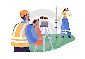 Surveyor engineers work with geodetic equipment. Building workers with theodolite, levelling pole and walkie-talkie photo