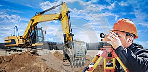 surveyor equipment. Surveyor instrument at construction site or Surveying for making contour plans. land startup construction work
