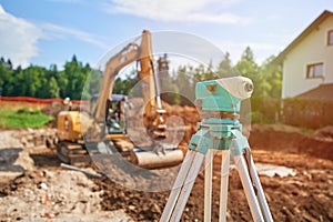 Surveyor equipment theodolite outdoors at construction site