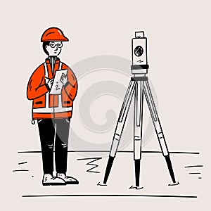 Surveyor in a helmet with engineering equipment measures. Land management.