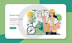 Surveyor web banner or landing page. Land surveying technology,