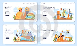 Surveyor web banner or landing page set. Land surveying technology