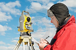 Surveyor works with theodolite