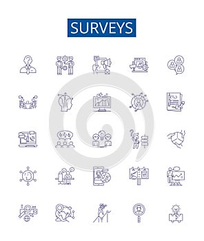 Surveys line icons signs set. Design collection of Survey, Polls, Questionnaires, Samples, Surveying, Research, Data