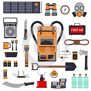 Survival emergency kit for evacuation vector objects set.
