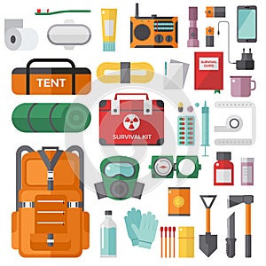 Survival emergency kit for evacuation vector objects set. photo