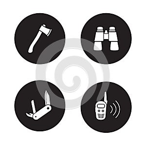 Survival equipment black icon set