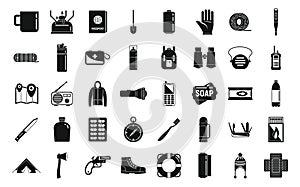 Survival equipment icons set, simple style