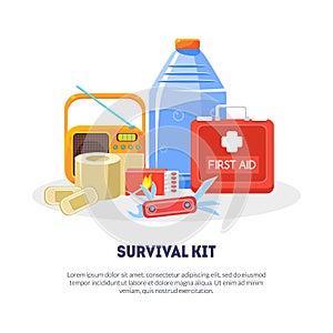 Survival Kit Banner Template with Space for Text, Travel Necessities, First Aid Kit, Radio, Bottle of Water, Radio, Box