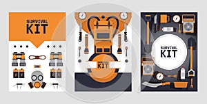 Survival kit banners, vector illustration. Basic equipment for emergency evacuation, brochure cover in flat style. Icons