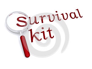 Survival kit with magnifiying glass