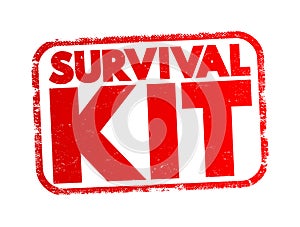 Survival Kit - package of basic tools and supplies prepared as an aid to survival in an emergency, text concept stamp