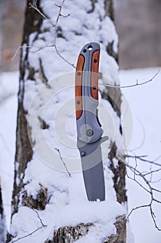 Survival knife stuck in tree stump in winter snow covered forest.