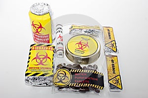 Survival pack with a biohazard symbol.