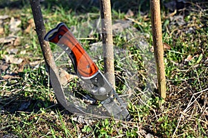 Survival sharp steel knife stuck in the ground