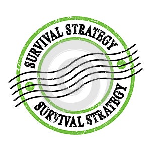 SURVIVAL STRATEGY, text on green-black grungy postal stamp