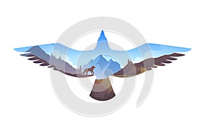 Survival in the wild. Mountain landscape in eagle silhouette. Into the wild. Illustration with double exposure effect
