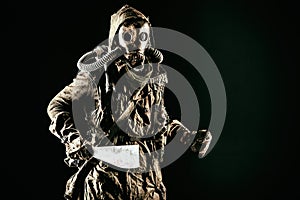 Survived in ecological cataclysm human in gas mask