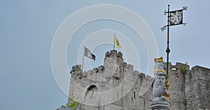 The only surviving medieval fortress in Flanders: Gravensteen name of the castle reflextion in water.