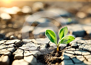 Surviving sprouted lonely sprout in a lifeless dry desert, Global warming crisis, water shortage