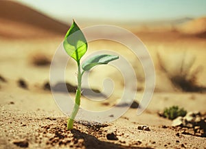 Surviving sprouted lonely sprout in a lifeless dry desert, Global warming crisis, water shortage