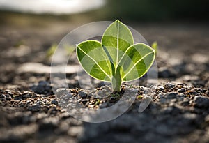 Surviving sprouted lonely sprout in a lifeless dry desert. Nature save concept