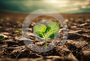 Surviving sprouted lonely sprout in a lifeless dry desert. Nature save theme