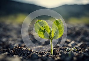 Surviving sprouted lonely sprout in a lifeless dry desert. Nature save theme