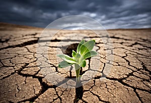 Surviving sprouted lonely sprout in a lifeless dry desert. Nature save theme photo