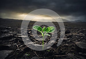 Surviving sprouted lonely sprout in a lifeless dry desert. Nature save theme photo