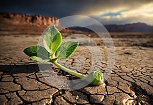 Surviving sprouted lonely sprout in a lifeless dry desert. Nature save theme photo