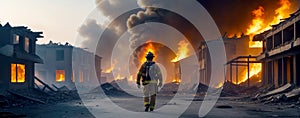 Survivor Journey, Fireman in Desolate Cityscape, AI Generated