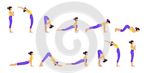 Surya namaskar A sun salutation yoga asanas sequence set vector illustration.