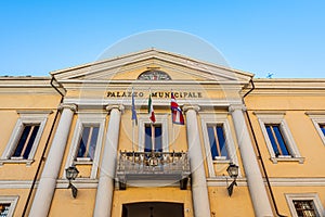 Susa, Italy. Februar 14th, 2021. Facade of the Town Hall in Via  Palazzo di CittÃ 