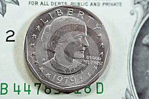 The Susan B. Anthony dollar, American 1 $ one silver dollar series 1979 features Suzie Anthony, women's rights activist in
