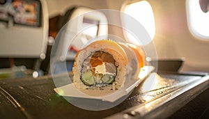 Sushi on an airplane tray table