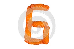 Sushi alphabet number six isolated on white background. Number `6` made of salmon sashimi nigiri