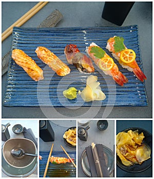 Sushi art meal  kumquar, salmon and japanese eel