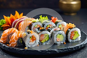 Sushi as closeup on traditional Japanese plate