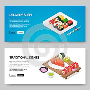 Sushi and asian food delivery vector illustration. Japanese asian food for online order. Rolls, futomaki sushi, tuna