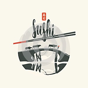 Sushi banner with chopsticks and asian landscape