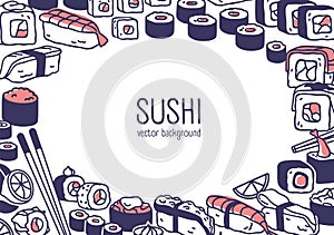 Sushi bar, Asian food background. Japanese cuisine, Japan rolls, maki, framed backdrop. Asia meal, nori, rice, salmon