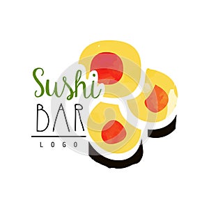 Sushi bar logo template, Japanese food label, badge for sushi bar or seafood restaurant watercolor vector Illustration