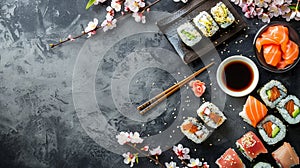 sushi on a beautiful table with spring flowers, sushi for Easter, copy space